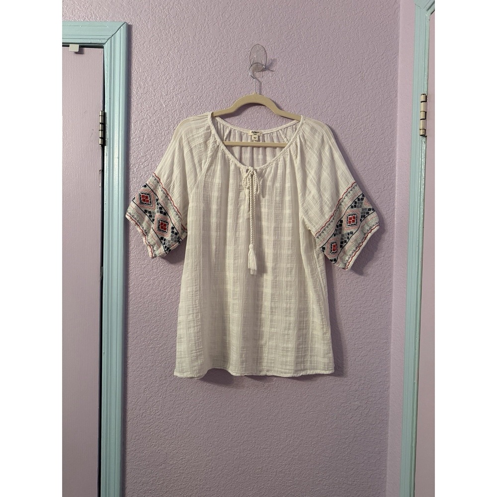 Dylan Cotton Gauze Peasant Blouse S Aztec Embroidered Tassels Sheer Fairy Boho